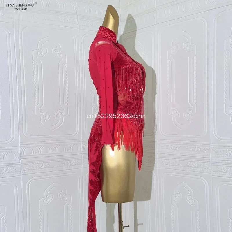 Latin Dance Long Sleeved Dress Custom Senior AB Stones Fringe Dress Adult and Children's Competition Clothing 2026 New