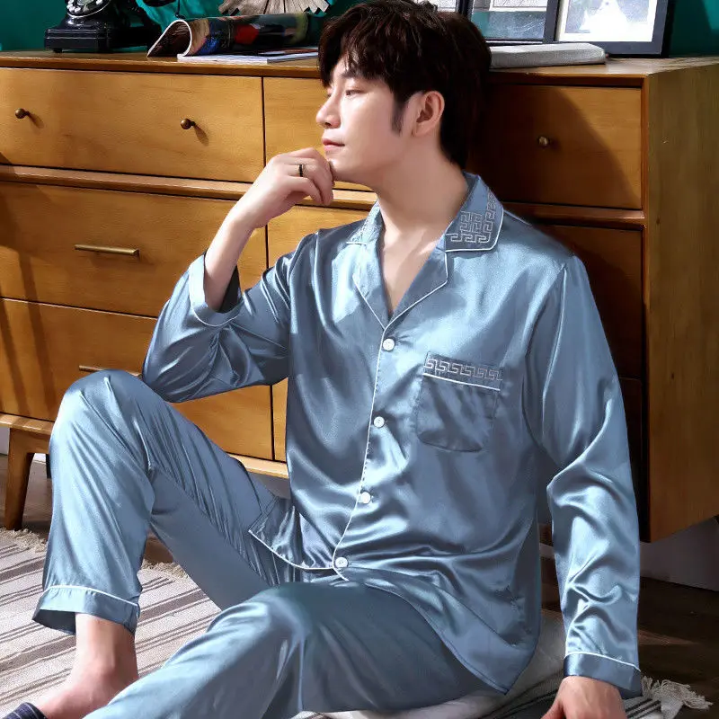 

2024 New Spring Autumn Silk Men's Long Sleeve Pajama Set Thin Plus Size Middle-aged Ice Silk Cardigan Loungewear Loose Homewear