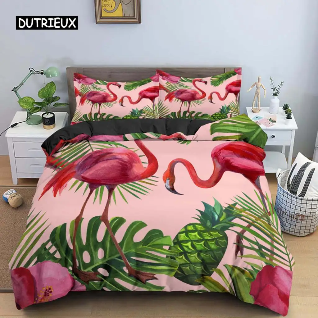 

Flamingo Green Plant Palm Leaf Duvet Cover Soft Pink Comfortable Quilt Cover Cartoon Flamingo Bedding Set For Women Girls Decor