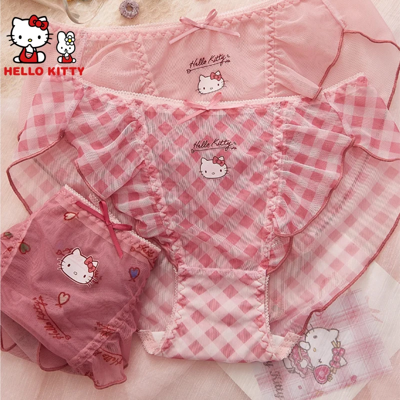 3pcs Hello Kitty Summer Sexy Mesh Sweet Cotton Anti-bacterial Crotch Kawaii Cute Cartoon Anime Briefs Women Underwear Panties