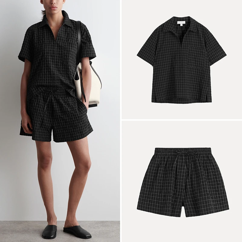 

Z Women's Plaid irt Collared Summer Faion Set ort Sve Polyester Fiber New Arrival orts Set 2025