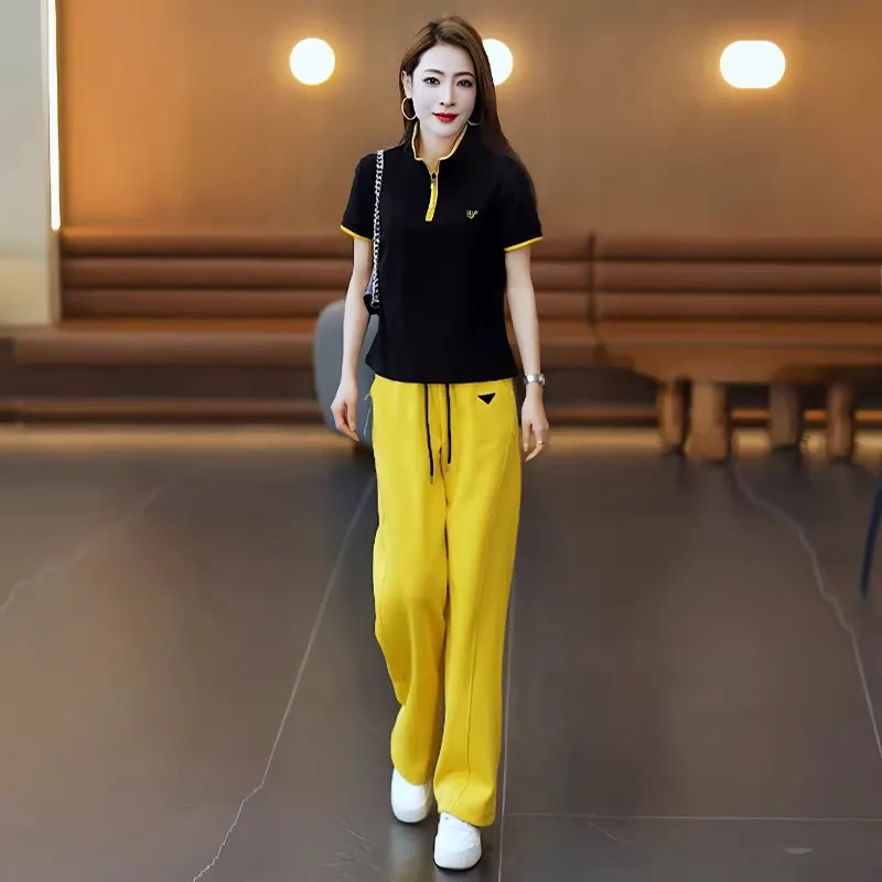 

Fashion Casual Set Summer Half Zip Stand Up Collar Short Sleeved T-shirt Yellow Wide Leg Pants Two-piece Set