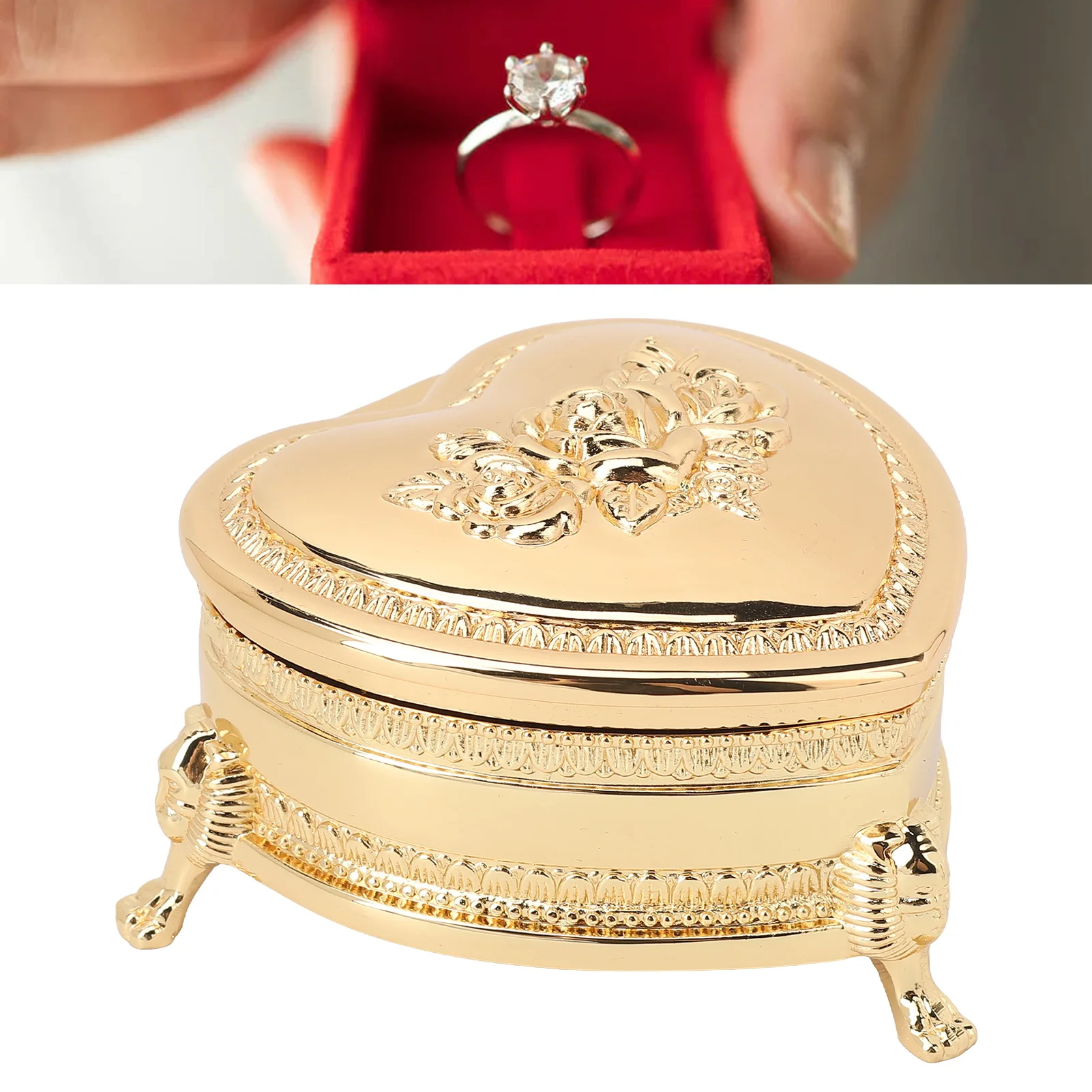 

Металлическая шкатулка для драгоценностей в форме сердца из цинкового сплава, винтажная шкатулка для безделушек в форме сердца, золотой органайзер для колец, сережек