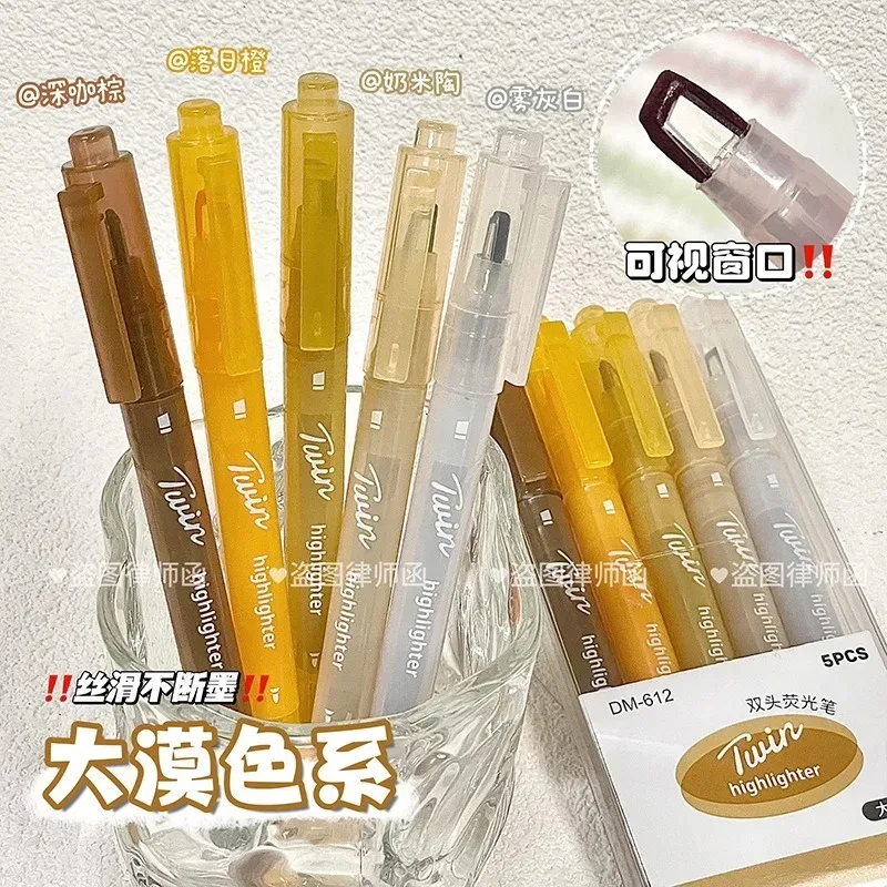 5Pcs Twin Tip Highlighter Pens Set, Retro Desert Morandi Color Highlighters with Visible Ink Window, Dual‑Ended Pastel Marker