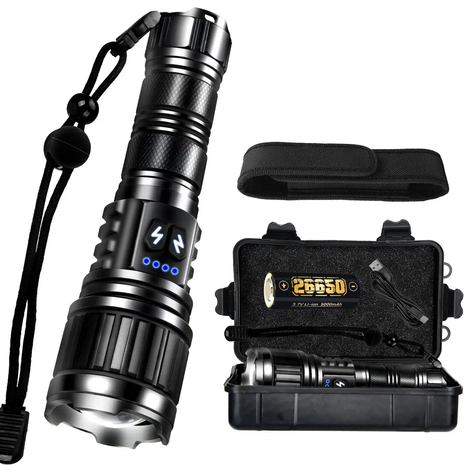 充電式懐中電灯-2000lm、長距離-5000-フィート、超高輝度-led-懐中電灯、緊急キャンプ用のハイパワー白青-led