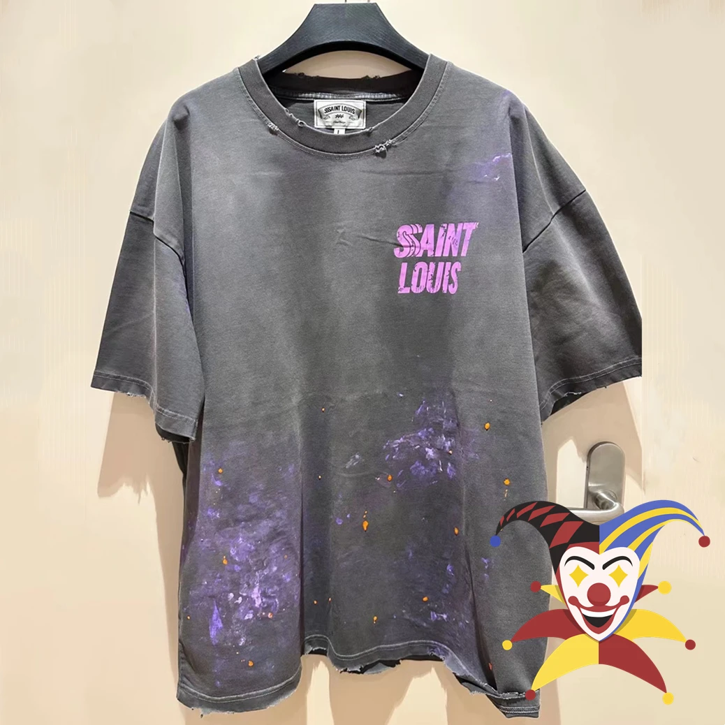 

Washed Saint Louis T-Shirt Men Women Destroy Pink Logo Oversize Tee Casual Short Sleeve T Shirt