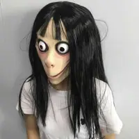 Creepy girl Halloween mask with long black hair, large eyes and scary face design