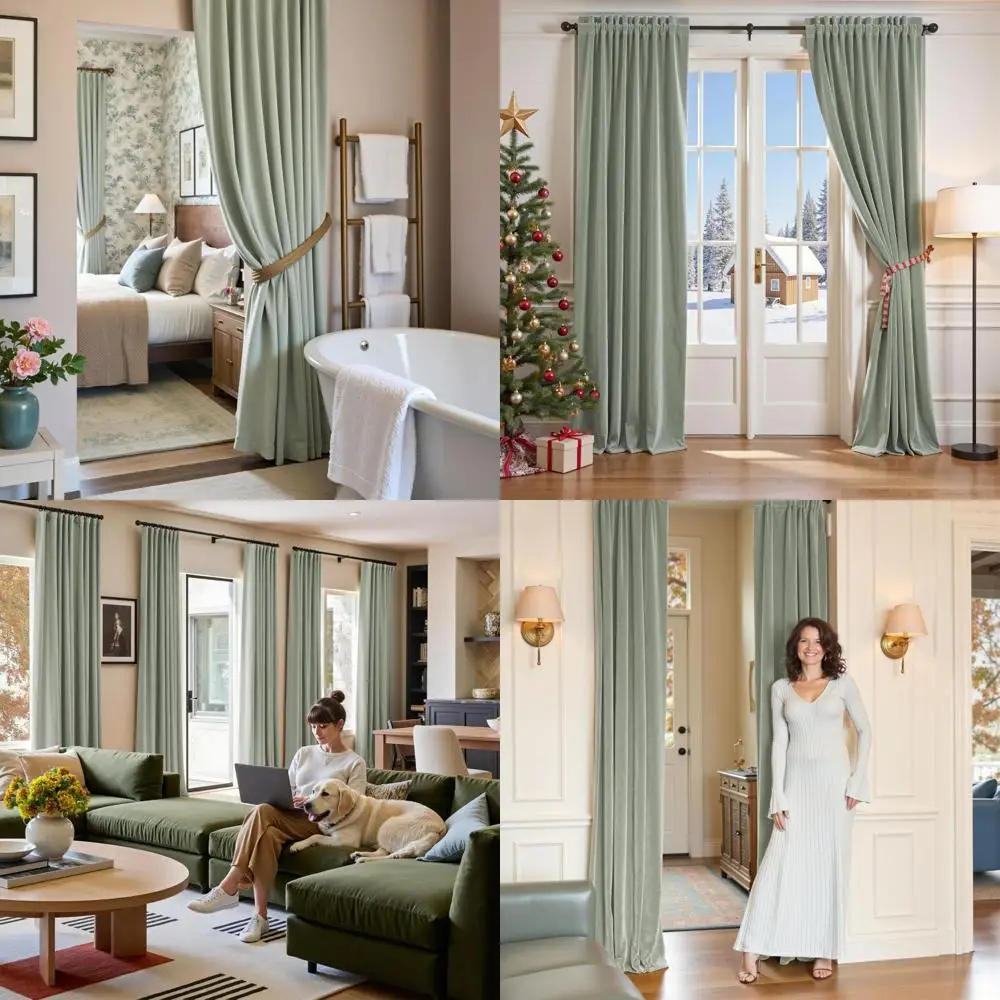 

Thermal Insulated Velvet Green Curtains, 108 Length, Grey Sage, Luxury Rod Pocket for Bedrooms & Living Rooms, 2 Panels