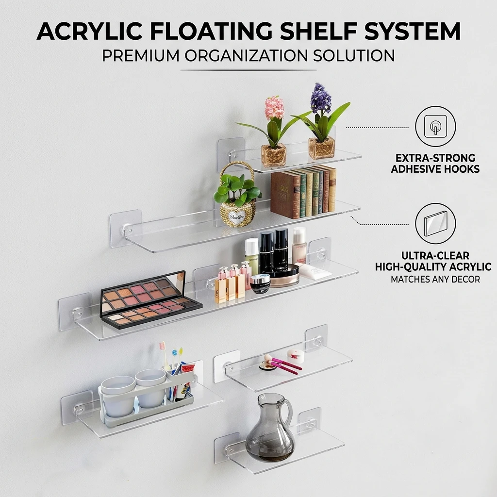 Thick Transparent Acrylic Floating Wall Shelf Clear Display Ledge Storage Organizer Rack for Bathroom Kitchen 20-50cm