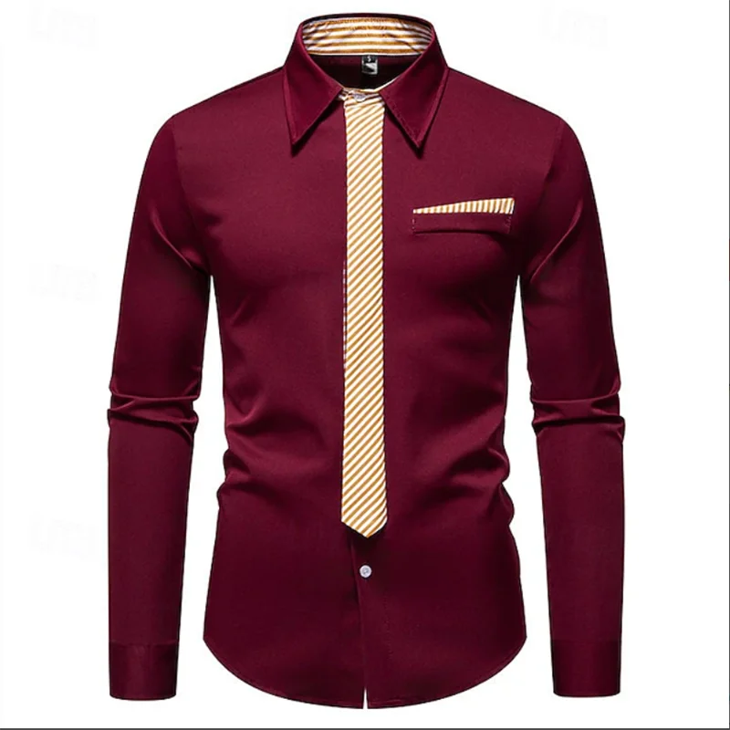 New men's shirt casual and comfortable long sleeved polka dot color blocked lapel fashionable and comfortable top