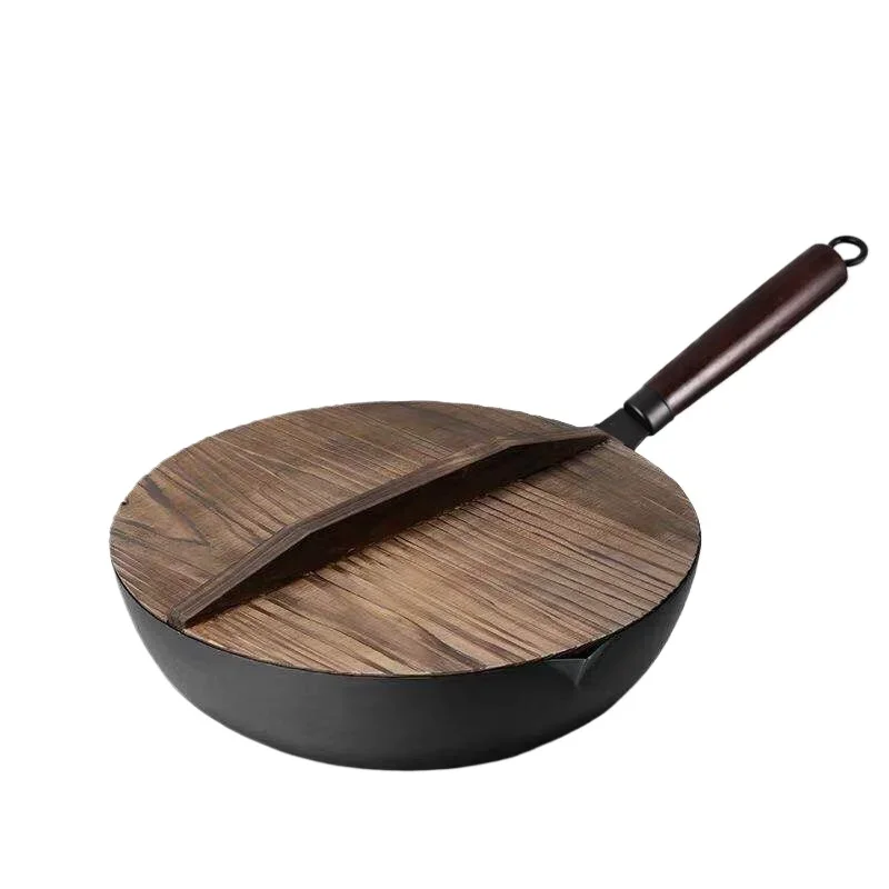 Carbon Steel Wok Pan 32cm Stir-Fry Pans with Wooden Lid Uncoated Flat Bottom Chinese Pan for Induction Electric Gas All Stoves