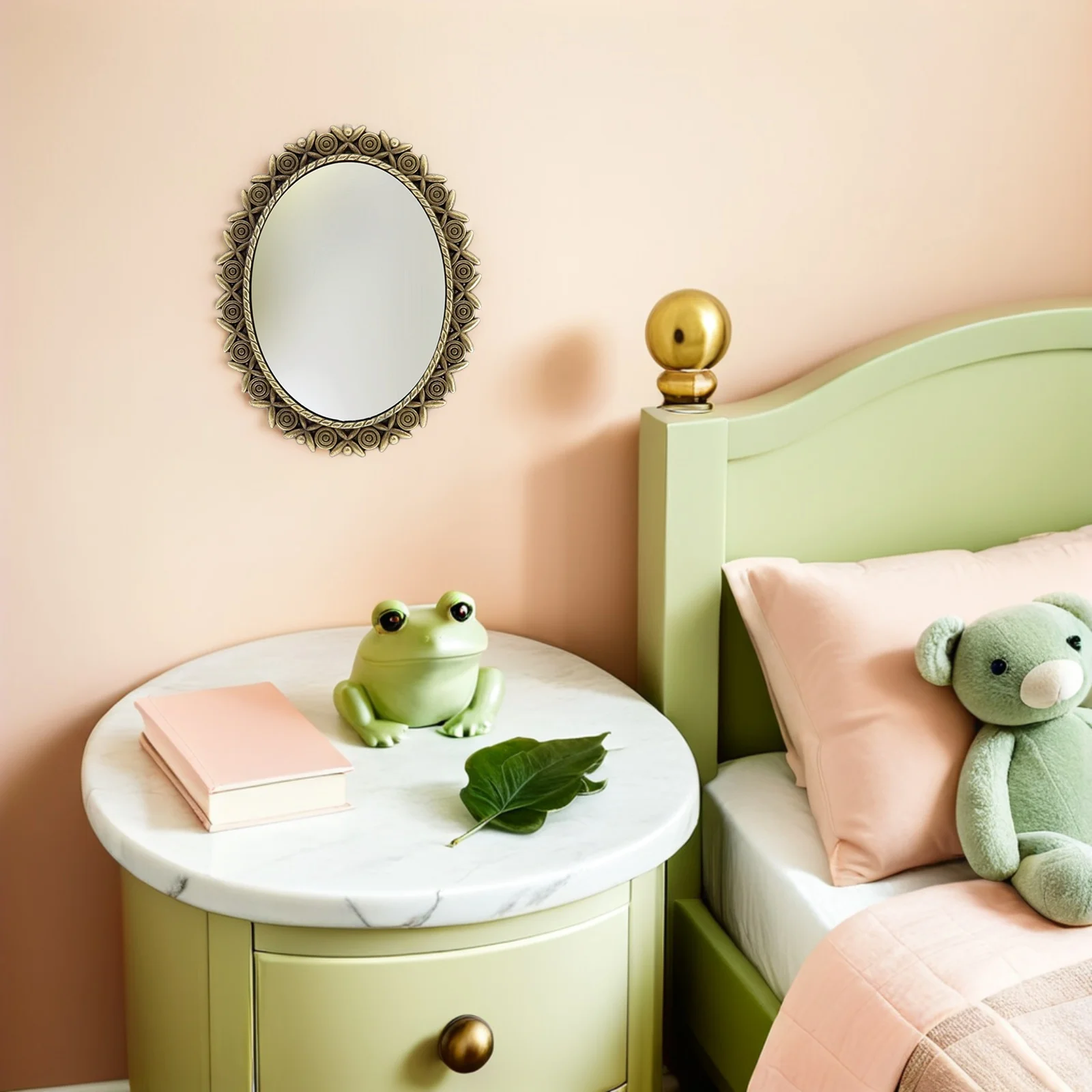 3Pcs Oval Small Wall Mirror Vintage Bronze Frame Hanging Mirror Miniature European Bedroom Decor Dollhouse Accessories