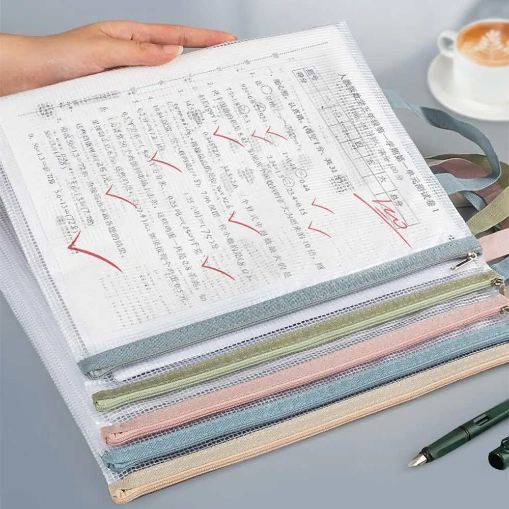 File Organizer Double-layer Mesh Zipper Storage Bag Transparent PVC A4 File Folder Bag Portable Waterproof Document Bag Handbag