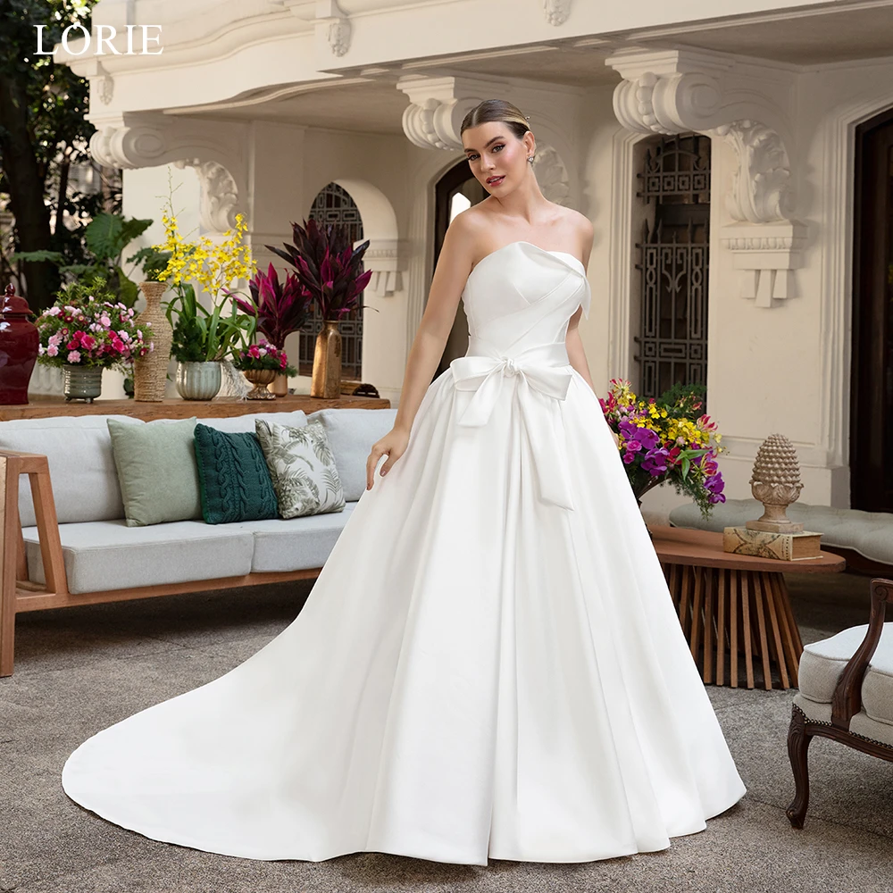 

LORIE Simple Satin Wedding Dresses Bow Strapless Sleeveless Bridal Gown Elegant A-Line Train Women Vestido De Novia Customized