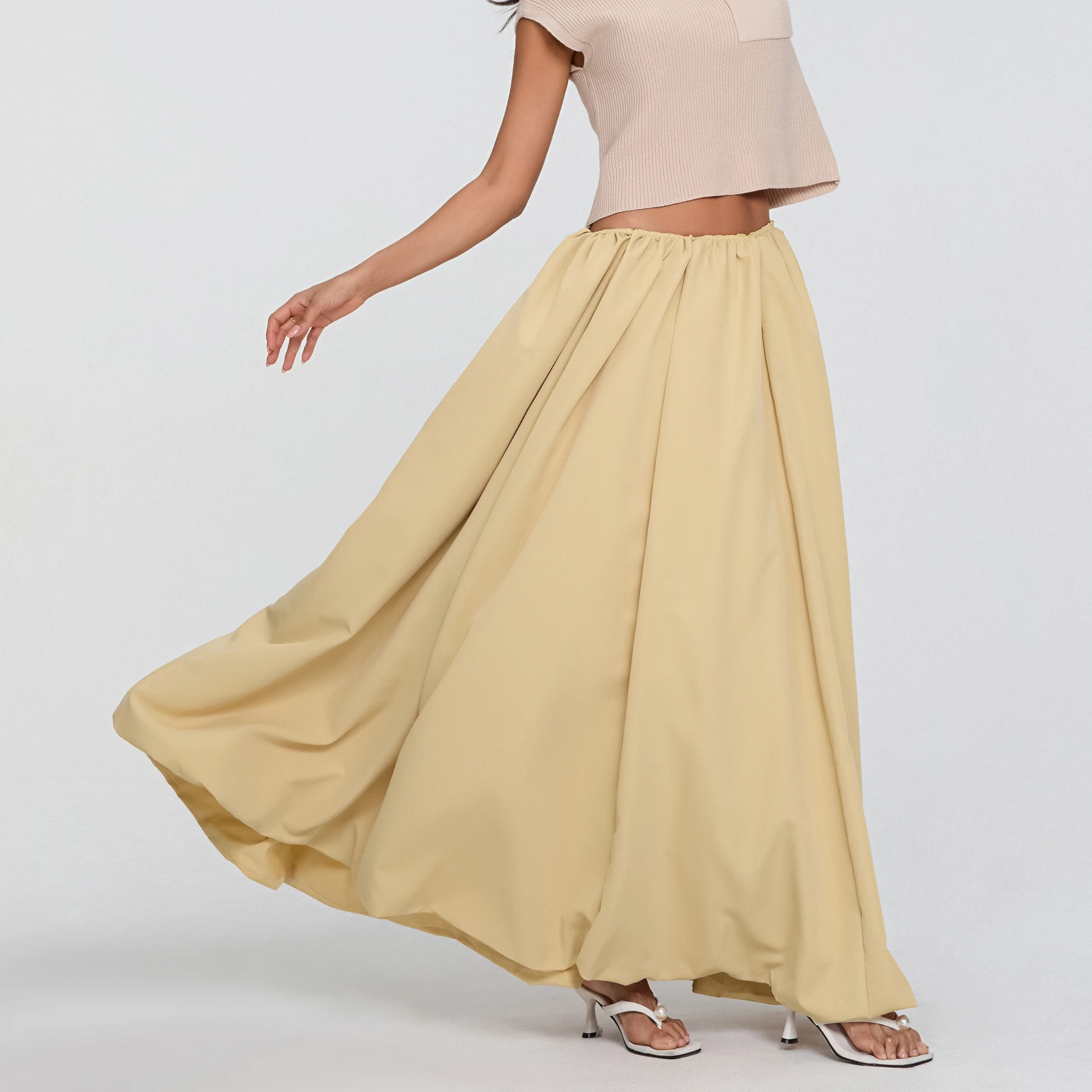 Autumn Loose Long Bubble Skirt Women Solid Color Elastic Waist Puffball Hem A-Line Skirts Streetwear