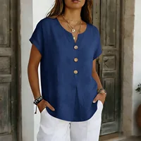 2026 Summer Basic Blouses Women's Shirts Solid Color Casual Short-Sleeve Cotton Linen Fashion Plus Size V-Neck Loose Button Tops 5