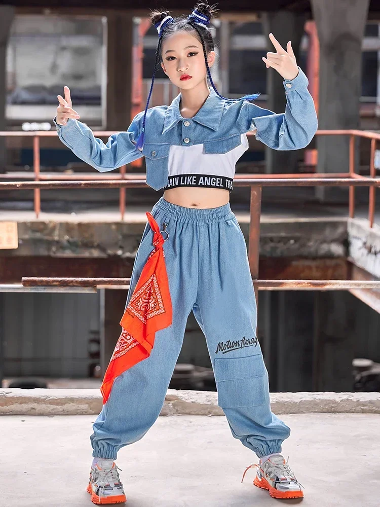 

New Girls Hip Hop Clothes Denim Tops Pants Jazz Dance Costume Kids Street Dance Suit Hiphop Performance Outfit Rave Wear BL9444