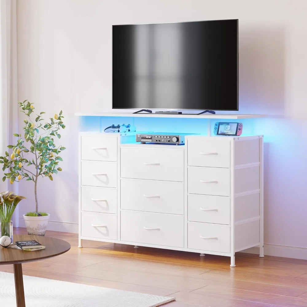 LUMTOK 11-Drawer Fabric-Lined Dresser with Charging Station, LED Lighting, and Shelving for Bedroom Storage