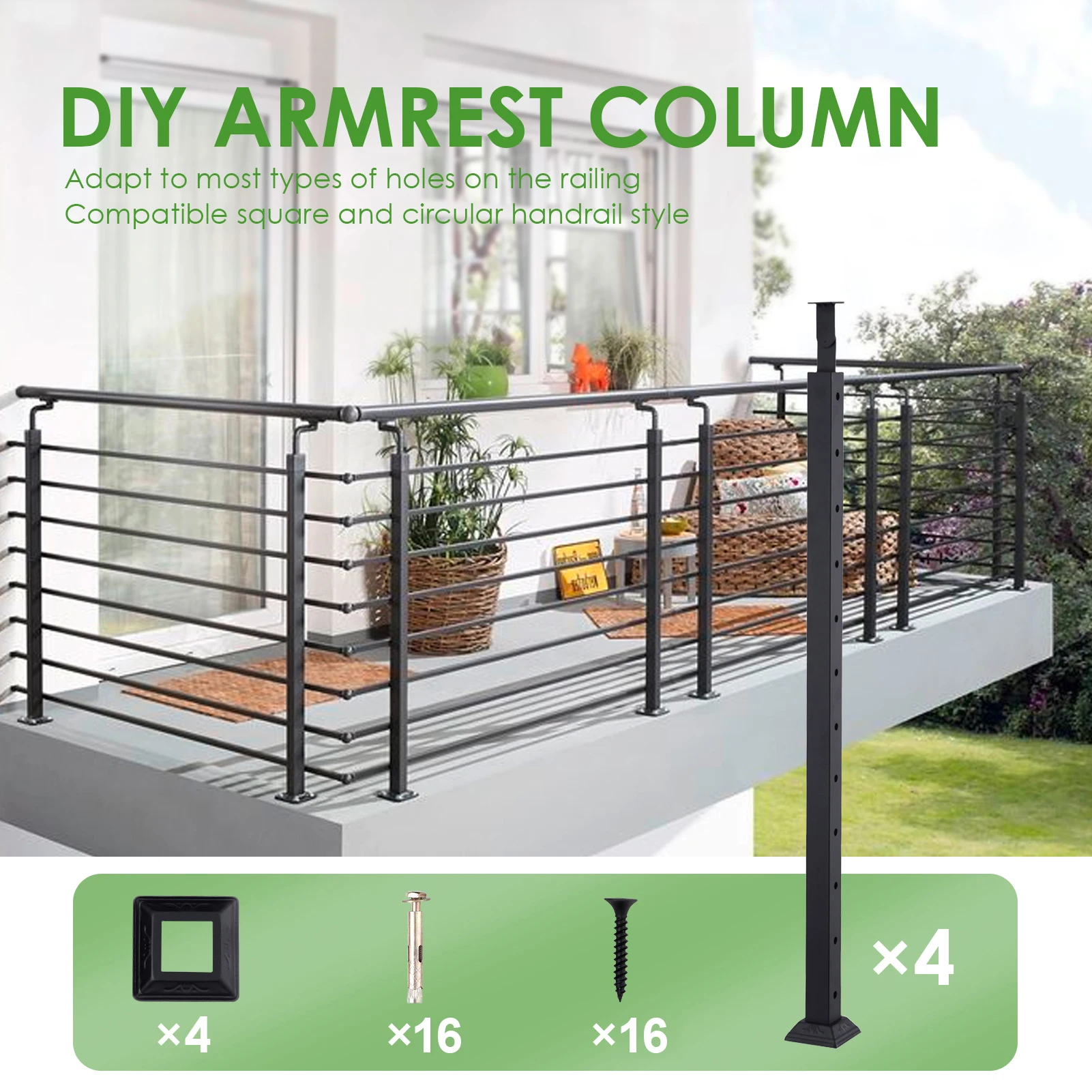 Cable Railing Post, 4 Pieces Decking Railings, Black Finish Fence Rail Post for Steps, Balcony, Staircase, Pool Fence