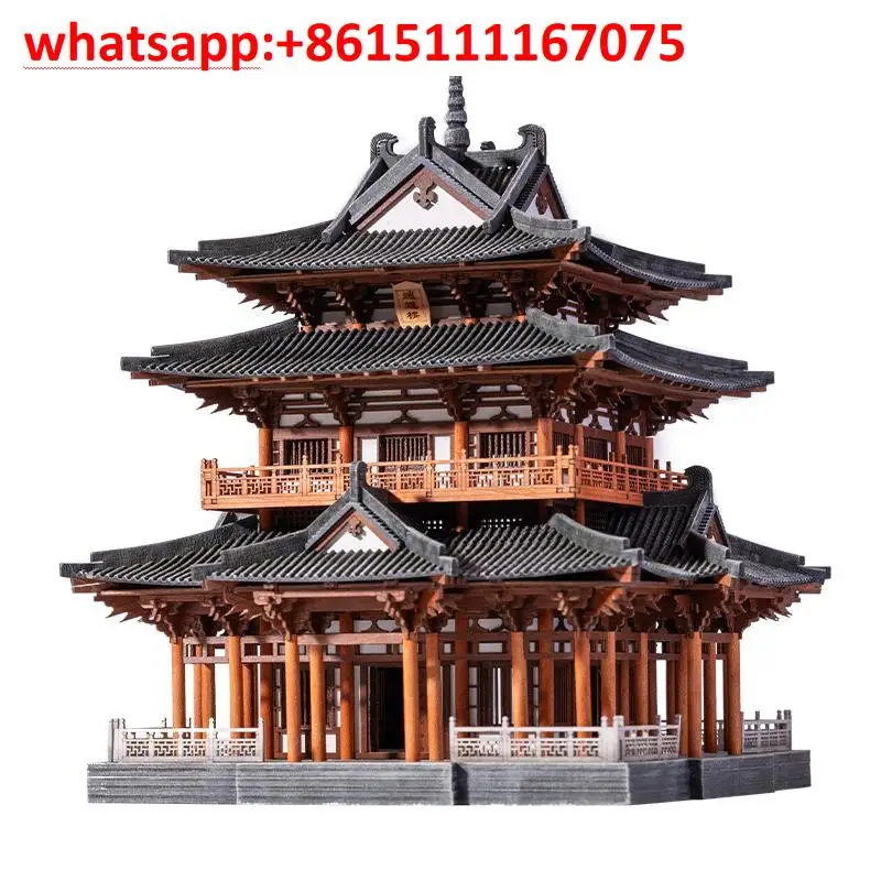 Handmade Wooden Tenon-and-Mortise Ancient Architecture Model, Oriental Mini Decor Craft Ornament