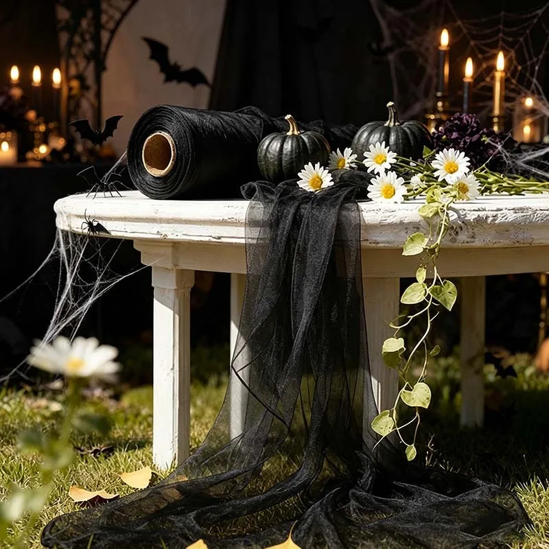 Luxury Black Sheer Mesh Tulle Roll Indoor Wedding Banquet Ceiling Drapes Crystal Chandelier Background Dark Romantic Party Decor