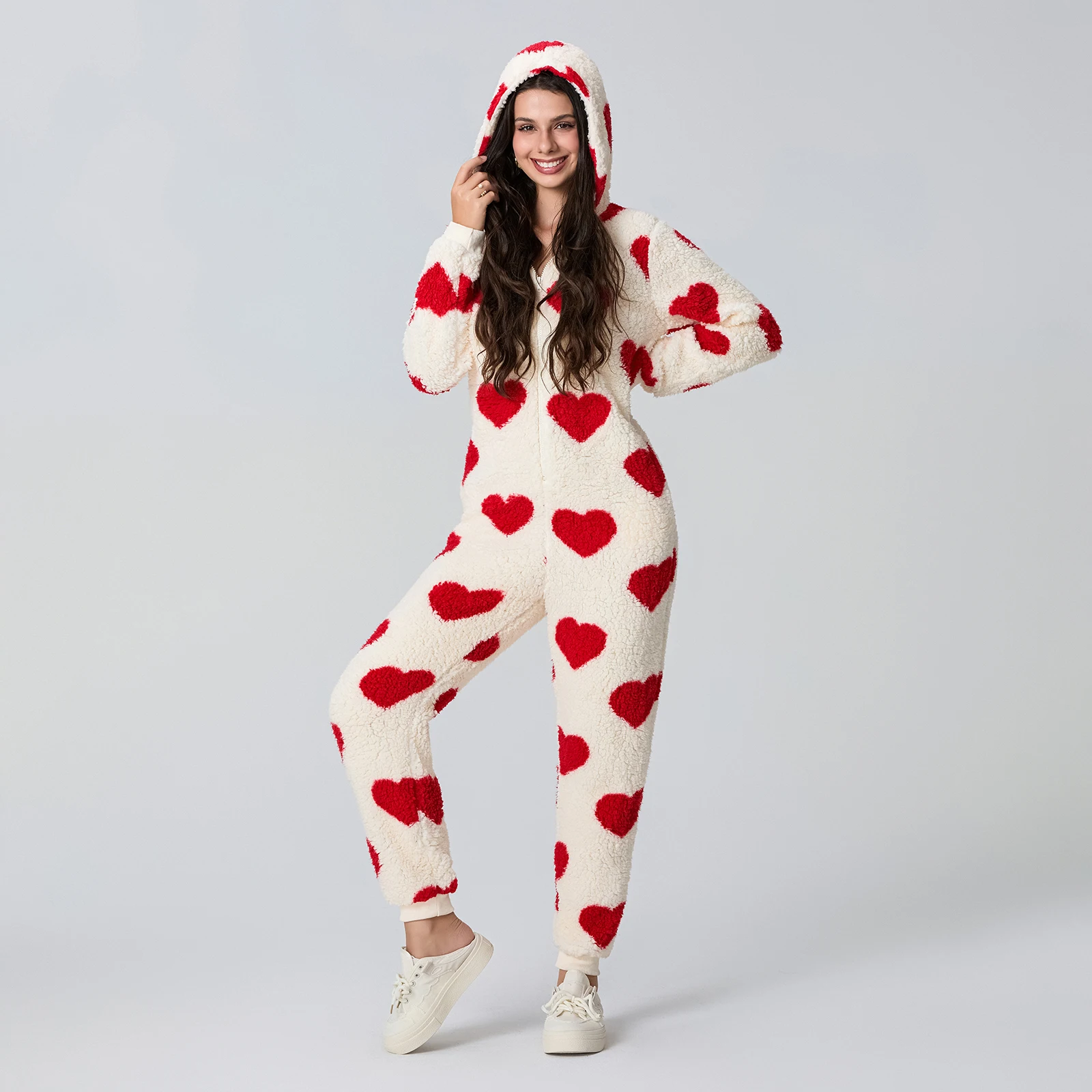 HEZIOWYUN Women's Christmas Valentine Hooded Romper Oneseies Pajamas Heart All-over Print Long Sleeve Plush Jumpsuit Sleepwear