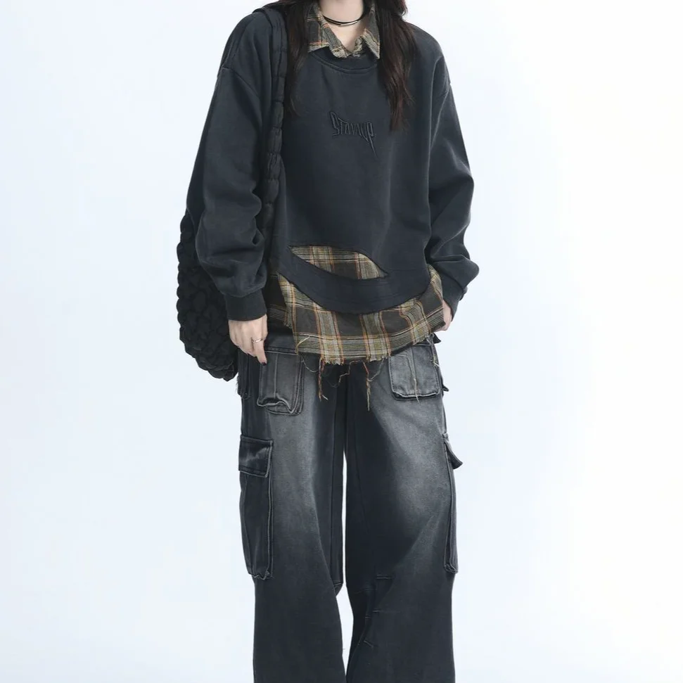 

Женский свитшот оверсайз в клетку без капюшона, с эффектом потертости, в американском ретро-стиле, осенняя новинка, уличная одежда, топ