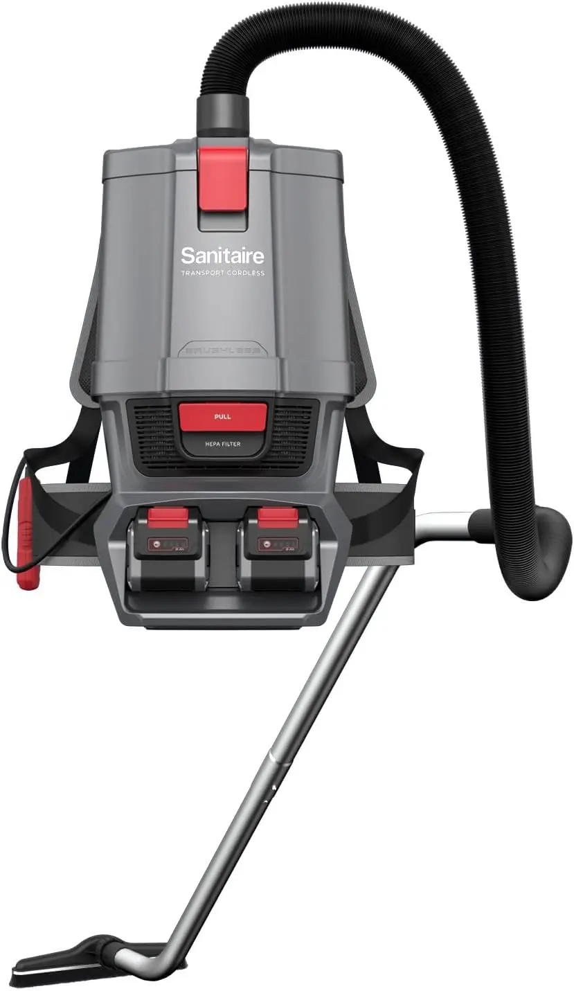 

Commercial Cordless Backpack Vacuum with Adjustable Wand, Dual 24V Batteries, Handheld Controls, SC580A. Gray