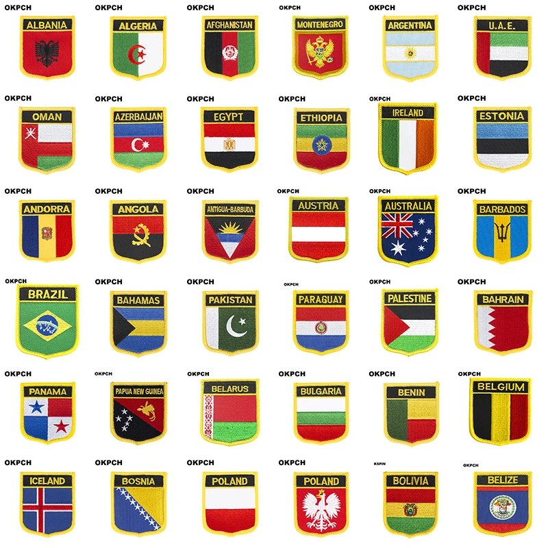 Albania Algeria Afghanistan Montenegro Argentina United Arab Emirates Azerbaijan Flag Shield Shape Iron on Embroidery Patches