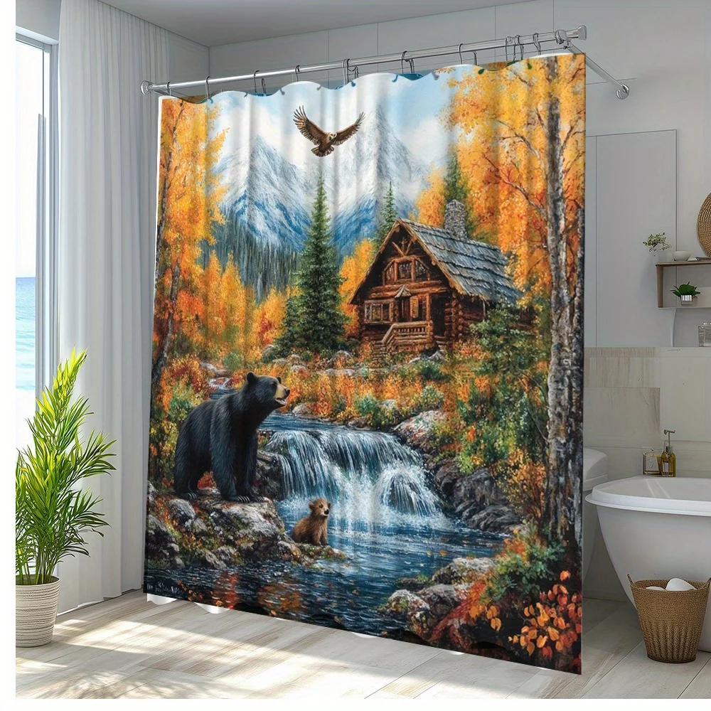 Realistic Fall Autumn Bear Family Forest Cabin Waterfall Nature Shower Curtain Polyester Home Decor Tapestry