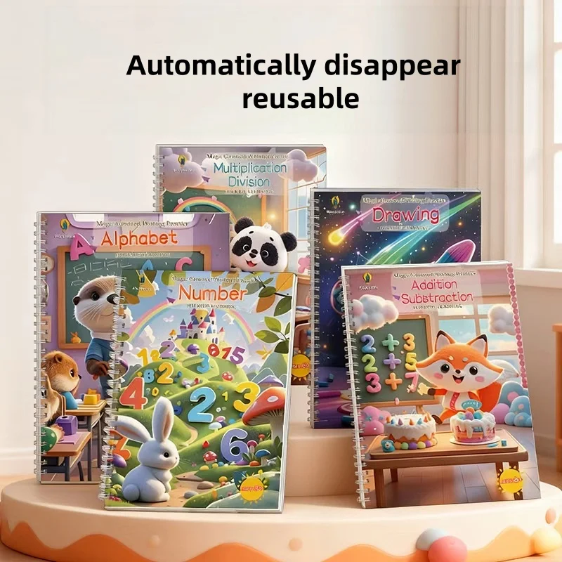 1/5Pcs Reusable English Groove Book, Early Childhood Pen Control Training Drawing Book, Simple Drawing Enlightenment Picture Book, Numbers, Letters, Drawing, Calculation Copybook, Early Education Practice Guide