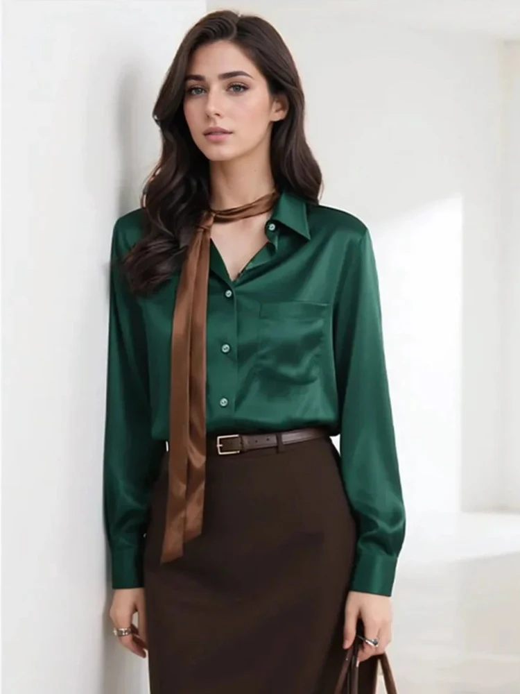 Nowa damska satynowa bluzka z wiązaniem przy szyi, długi rękaw, elegancka koszula do pracy biurowej, formalna koszula dla bizneswoman, 2025