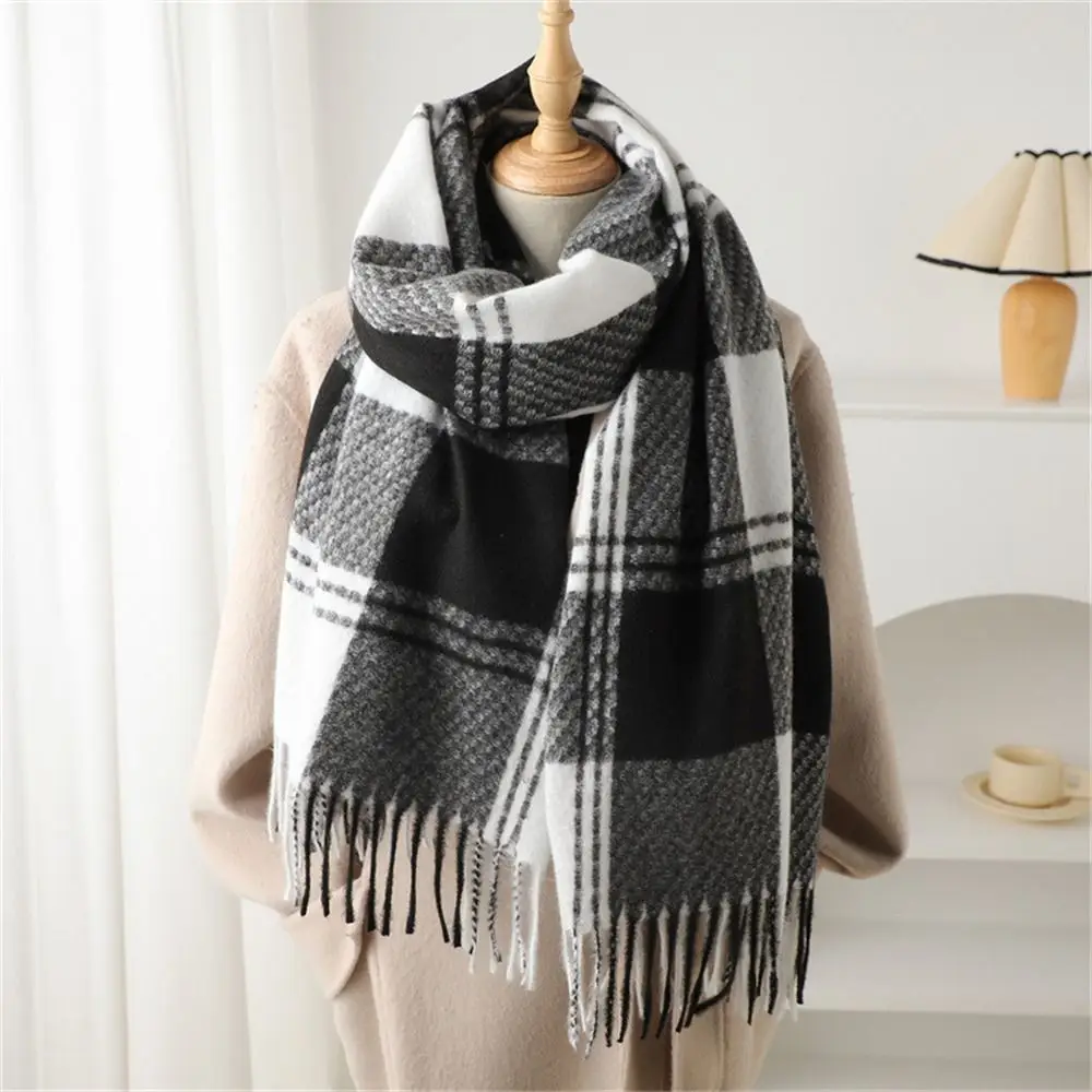 Fashion Winter Warm Tassel Plaid Scarfs Cashmere Imitation Nordic Style Shawl Wrap Solid Scarves for Women