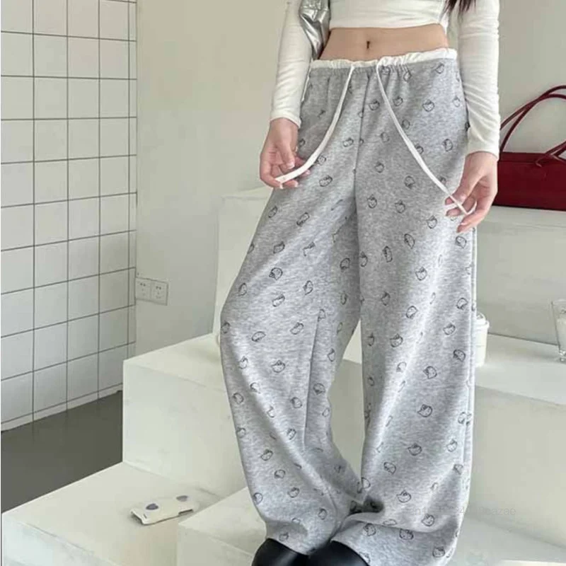 Hello Kitty American Style Print Wide Leg Pants Women\'s Autumn High Waist Loose Casual Pants Korean Version Trend Straight Pants