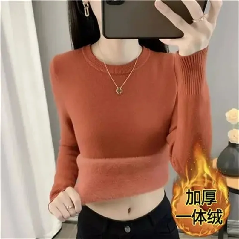 

Autumn Winter Female Round Neck Sweater Tops Korean Women Solid Color Knitting Ladies Fashion Long Sleeves Thickening Knitwear