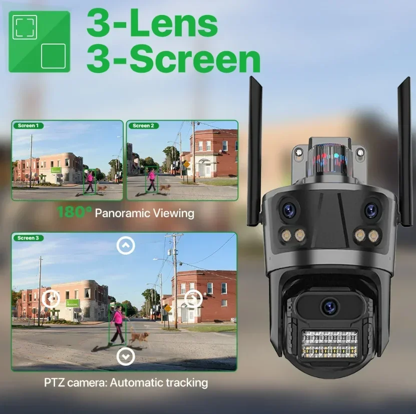 8MP HD Three Lens Three Screens Wifi Camera Outdoor Security Motion Tracking PTZ Video Camera Digital Zoom Surveillance Icsee