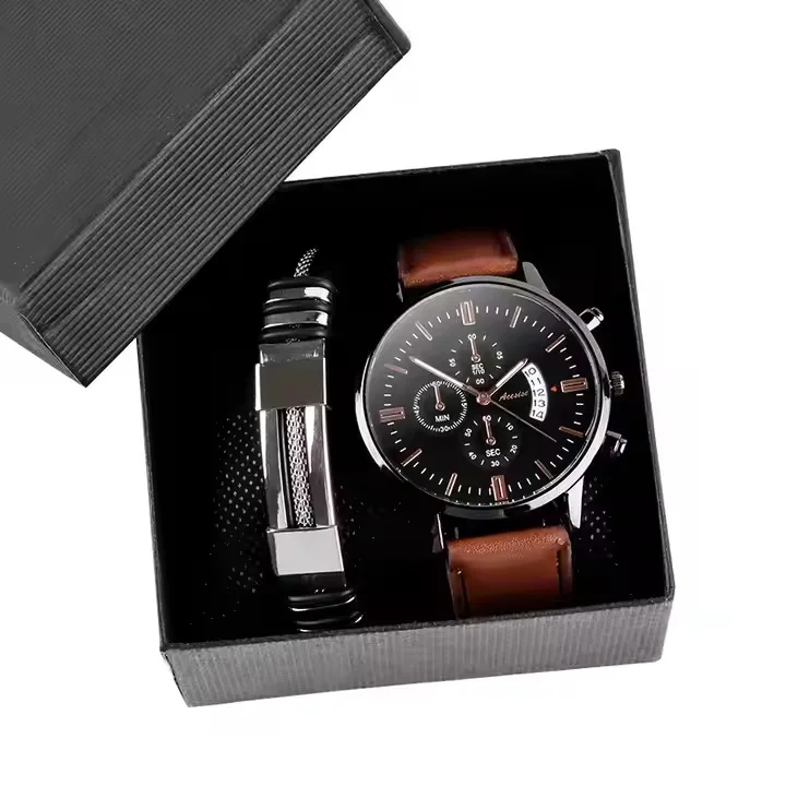 

2Pcs Calendar Men's Watch Set Box Casual Business Large Dial, Men's Fashion Stainless Steel Hundred Bracelet