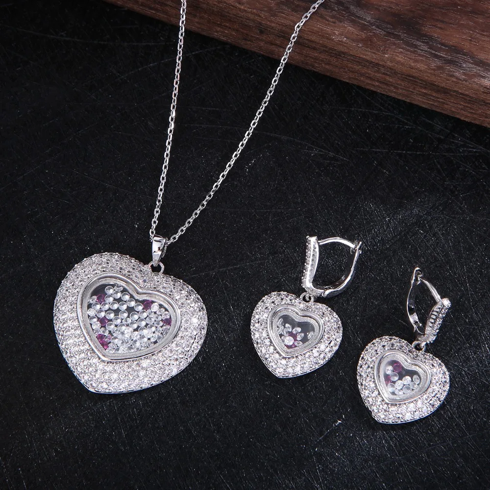 Trendy Lover Heart Wedding Necklace Earrings For Women Full Cubic Zirconia Bridal Jewelry Sets pendientes mujer moda S1256