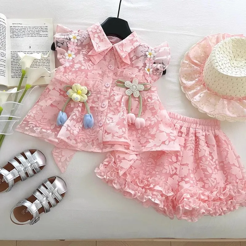 

TOY-Girls Suit2025Summer New Children's Stylish Floral Shirt Short Sleeve Girl Baby Lace Two-Piece Set