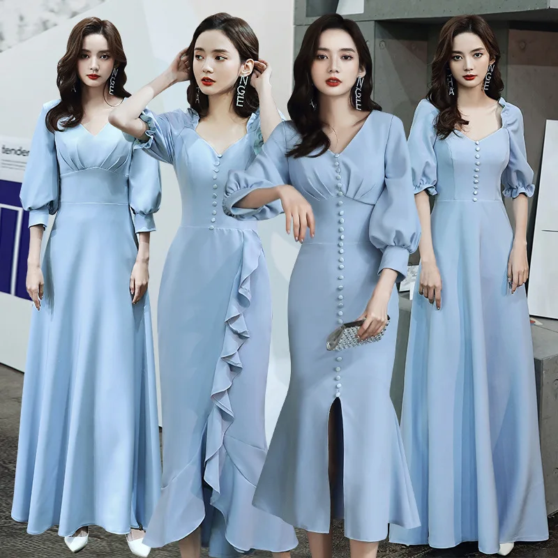 Blue Satin Bridesmaid Dresses Women's Spring Autumn Group Sisters Dress Graduation Simple Magnificent Girl Evening Dresses