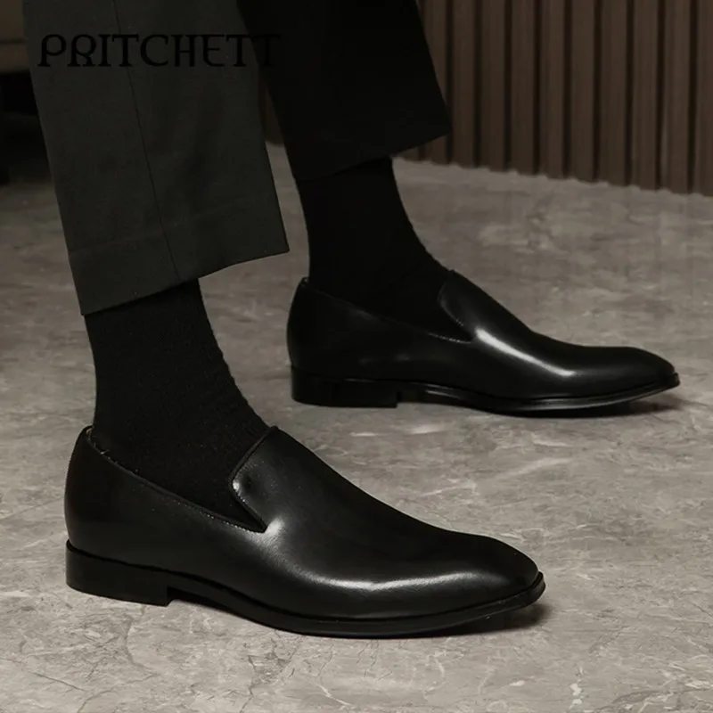 Mocasines negros de diseño Simple para hombre, zapatos de cuero con punta cuadrada, boca poco profunda, sin cordones, tacón bajo, informales, formales, de negocios