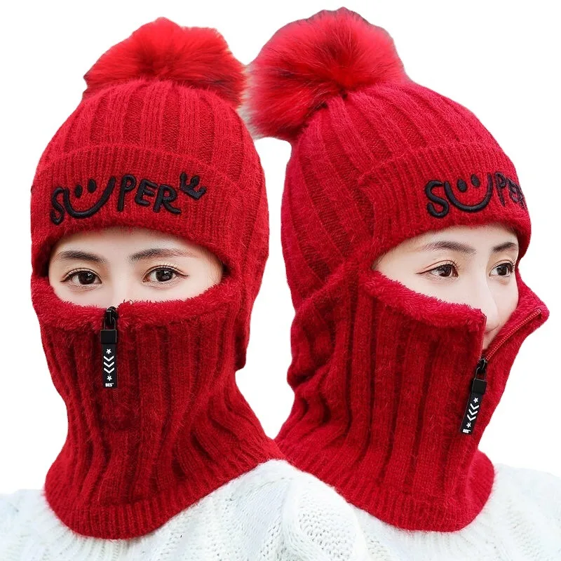 Coral Fleece Knitted Hats Winter Women Earflaps Zipper Scarf Keep Face Beanies Thick Warmer Balaclava Pompoms Skull Caps