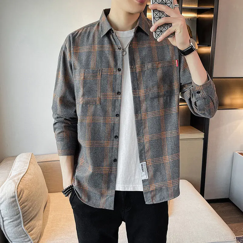 Fashion Lapel Button Spliced Pockets Lattice Shirts Men\'s Clothing 2022 Autumn New Oversized Casual Tops All-match Korean Shirt