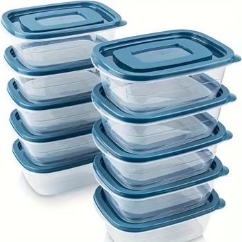 A Set of 6 Transparent Stackable Plastic Food Storage Containers with Blue Lids and…
