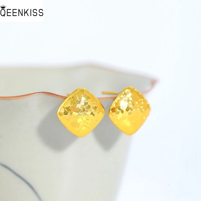 Pendientes cuadrados brillantes de oro de 24 quilates QEENKISS para mujer, regalos para fiesta de boda, cumpleaños, Navidad, novia, madre, niña, EG5531