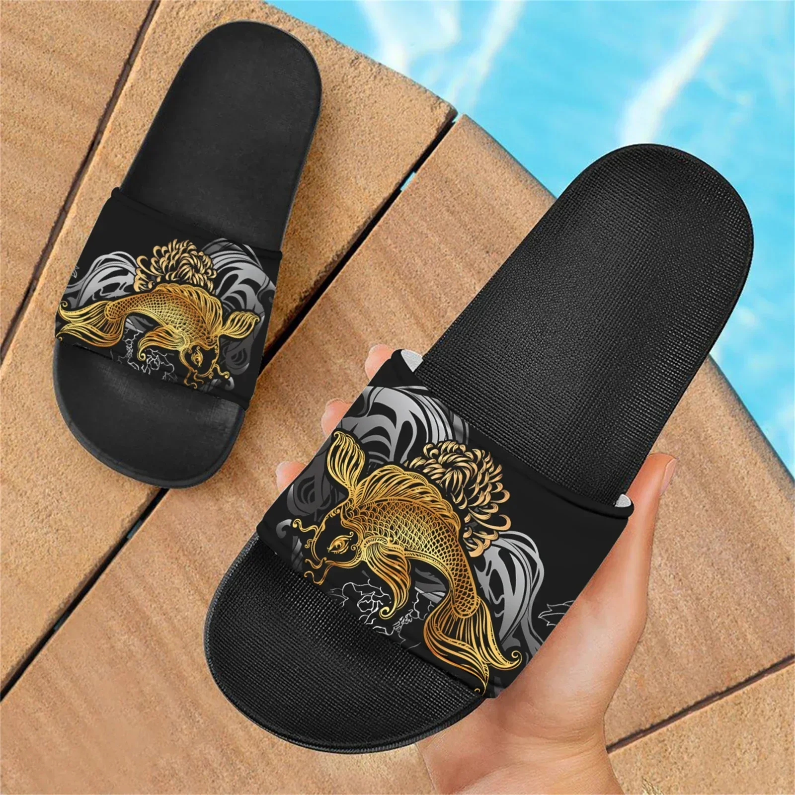 

Gold Carp Design Non-slip Slippers Symbol Good Luck Home Comfortable Sandals Birthday Christmas Gift Breathable Beach Slides New