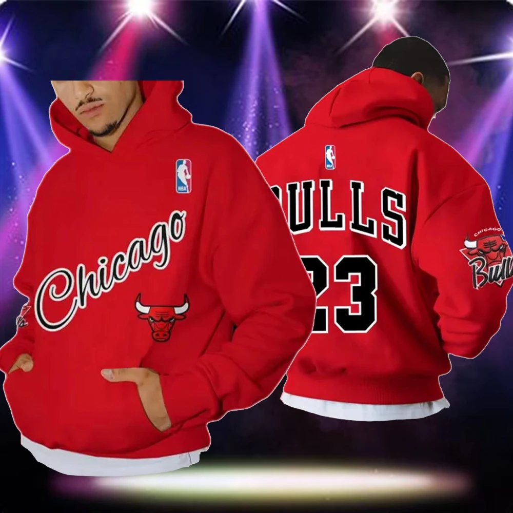 2024 Comfortable And Casual Chicago 3D Basketball Print Hooded Sweatshirt Loose Top Pullover Men's Hooded Sweatshirt Streetwear