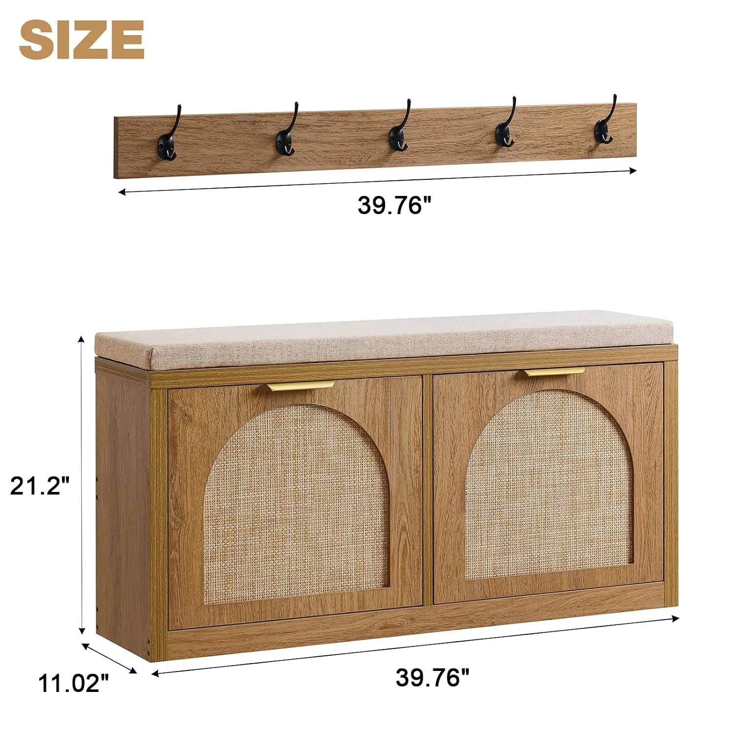 Rattan Entryway Bench Shoe Storage 2 Flip Drawers Coat Rack Mid-Century Wood Cabinet Seat Cushion Foyer Hallway, Customized
