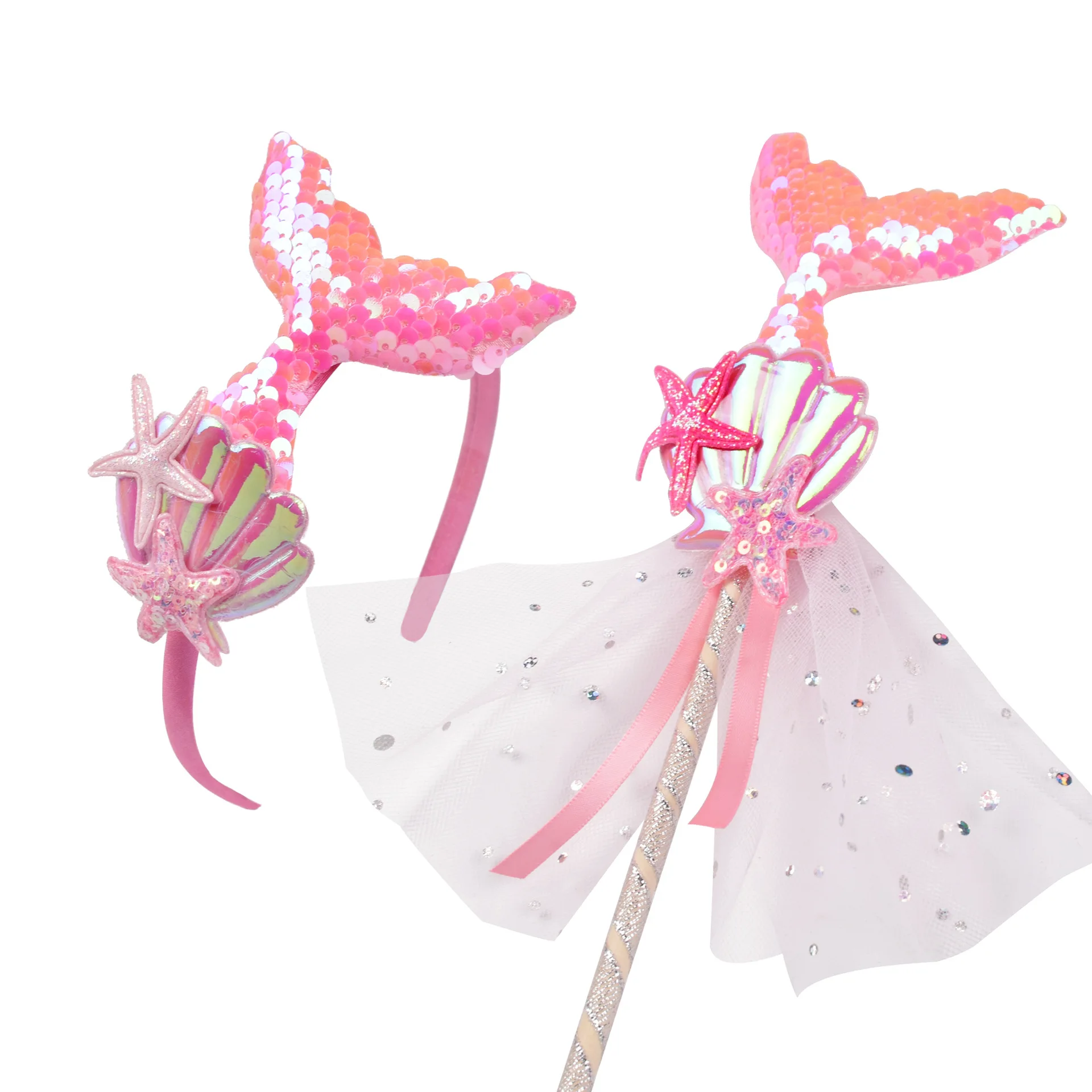 Mermaid Shell Starfish Kid Headband Wand 2Pcs Set Iridescent Sequin Exquisite Fairy Princess Hair Accessory For Stage Photo Prop view 3