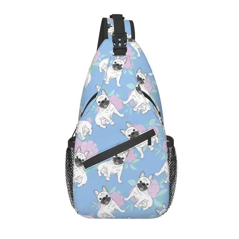 French Bulldog Rose Flowers Crossbody Sling Backpack Men Custom Pet Dog Chest Shoulder Bag for Traveling Daypack